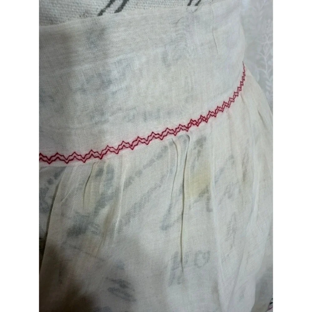 Vintage 1940's White Linen Half Apron Floral Embroidery Red Rickrack Trim Pocket